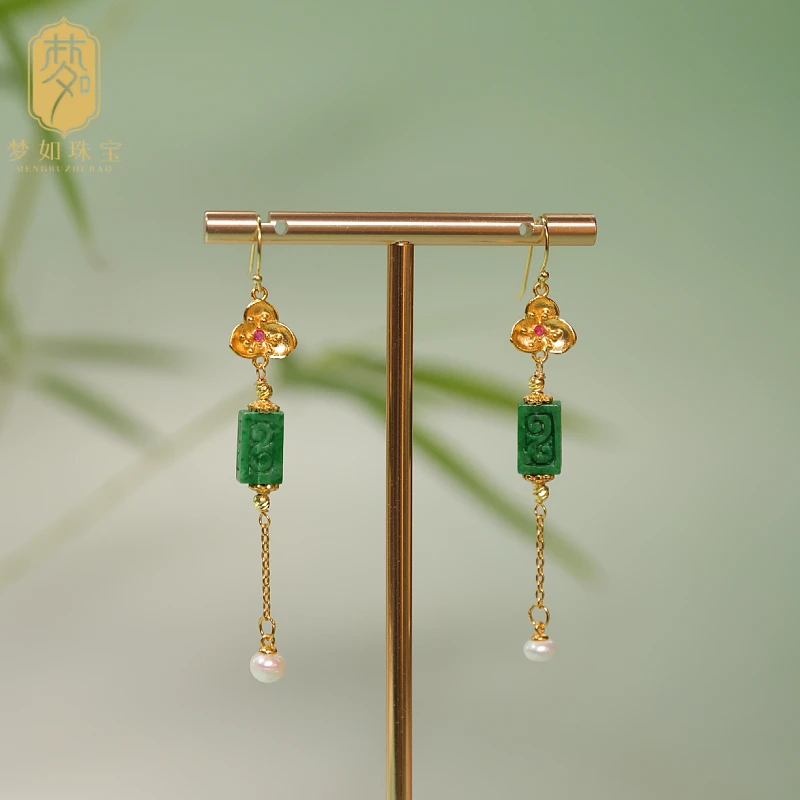 翠柏·925银镶雕花翡翠方柱耳坠sy新中式国风古典小众百搭耳坠古风