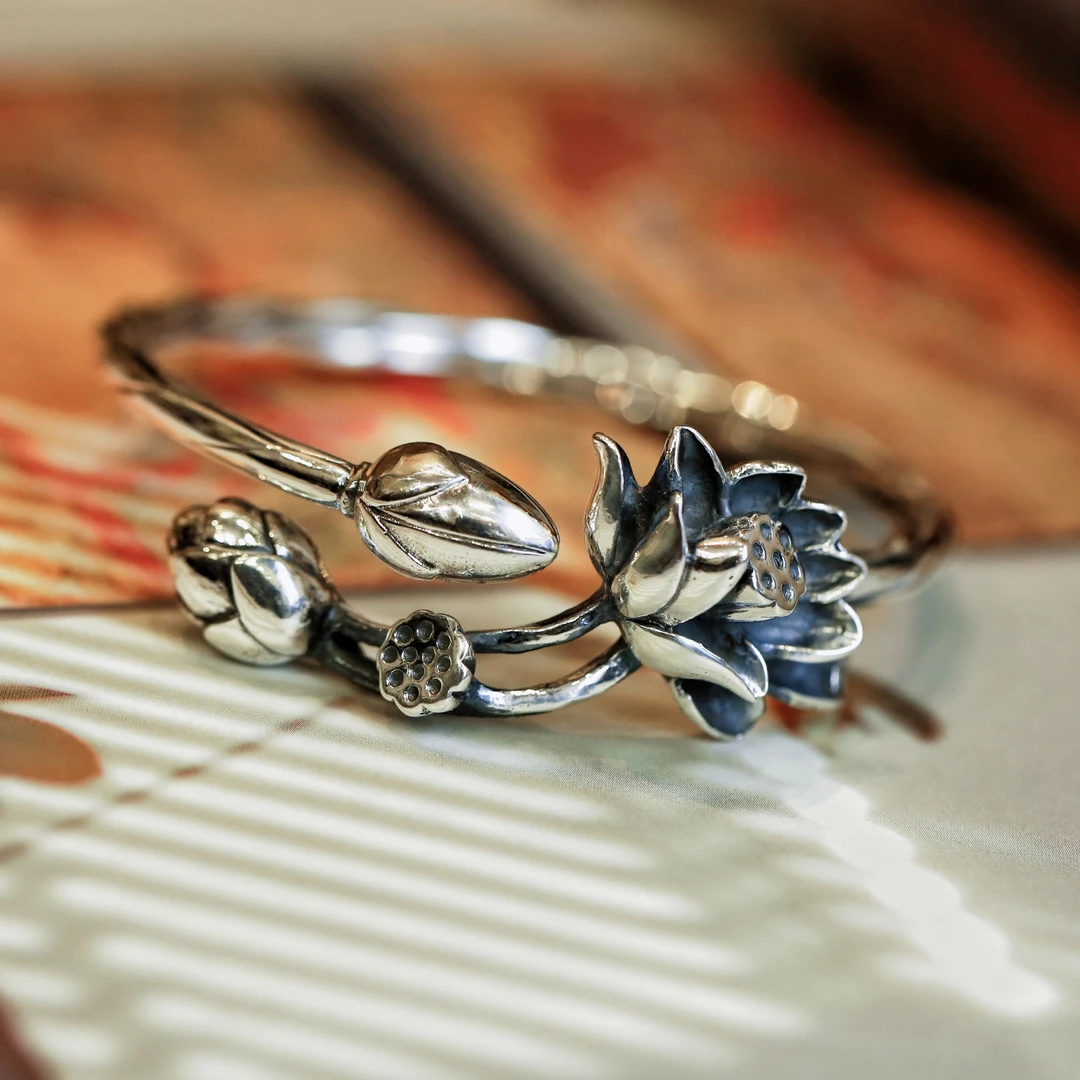 足银银制品 莲翘·银莲花做旧手镯YYG时尚国风复古纯手工金枝玉叶