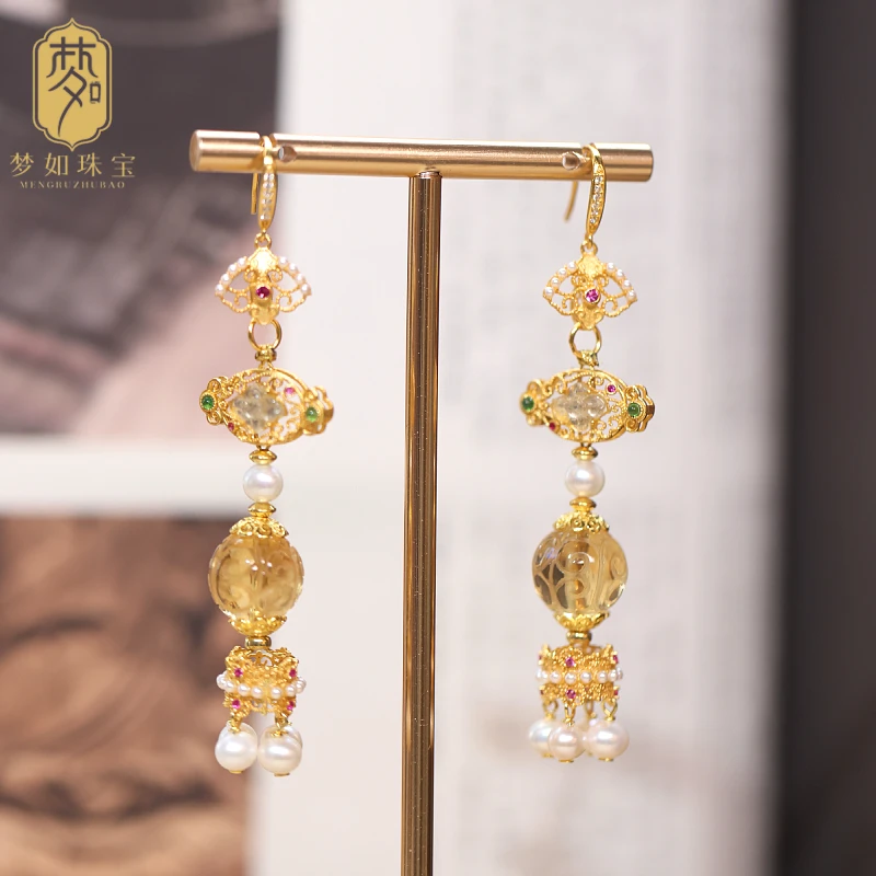 月盈·天然黄水晶耳坠sy中式国风复古日常百搭简约耳坠