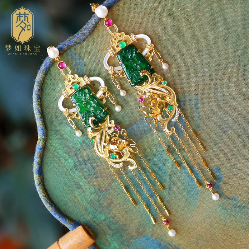 鹤临·银镶翡翠无事牌流苏耳坠MTS