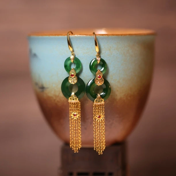 绮秋·18k金翡翠甜甜圈流苏耳坠SYZC耳坠古风