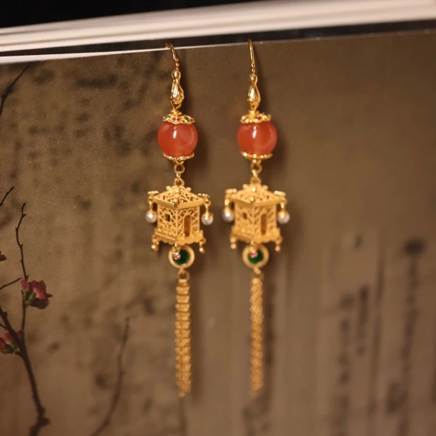 昭庭·银镶南红宫灯耳坠Hg