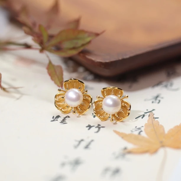 水云·银镶珍珠圆珠花丝耳坠国风耳饰SY耳坠古风