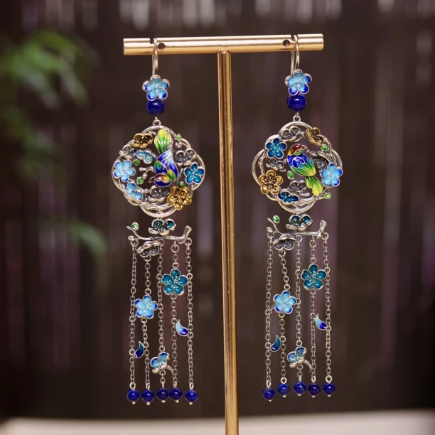 925银银制品 鹊望花·925银喜鹊流苏耳坠HY蓝色时尚气质复古复古