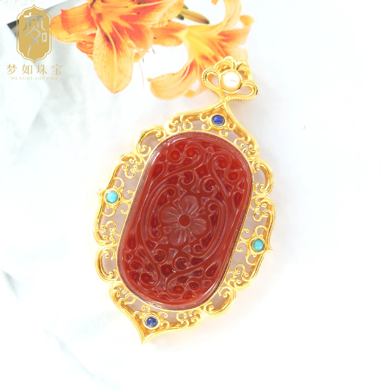 花繁庭·银镶玛瑙雕花吊坠SY（带项链）新中式国风高级雕花复古百搭