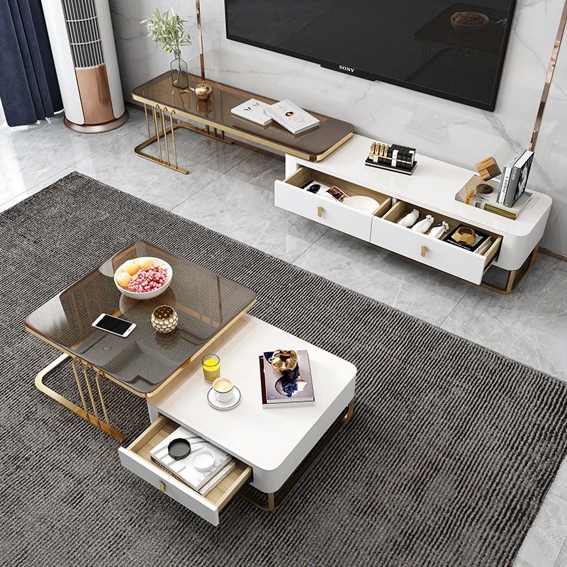 南方生活意式轻奢岩板茶几现代简约家用长方形伸缩大小组合茶桌