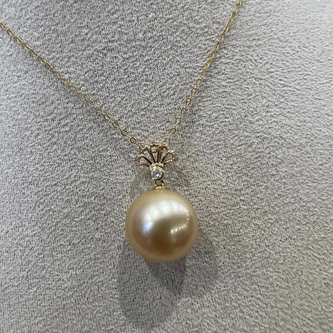 【WE-Z3686】13-14mm海水金珍珠吊坠18K金钻石强光带钻大点位天使