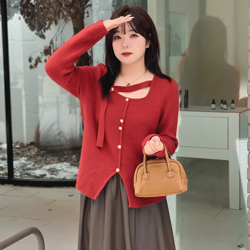 大码女装方领不规则飘带上衣2023冬胖mm宽松内搭针织衫毛衣