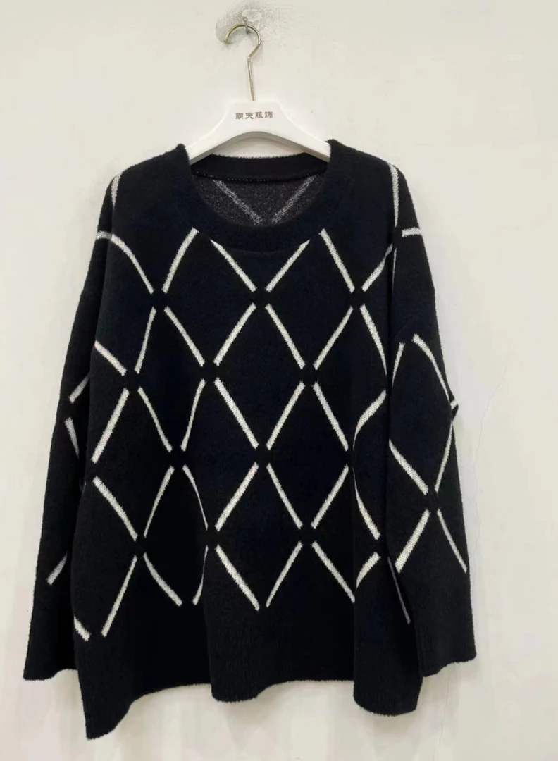 菱形格提花圆领毛衣LX6298