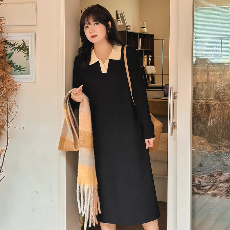 大码女装撞色polo领针织长裙2023冬胖mm外穿内搭长袖连衣裙21983