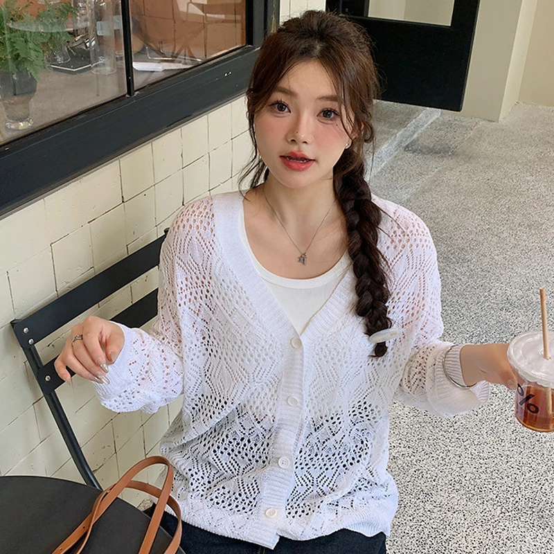 清*大码v领镂空薄款罩衫夏2024新款胖mm宽松针织开衫外套22313