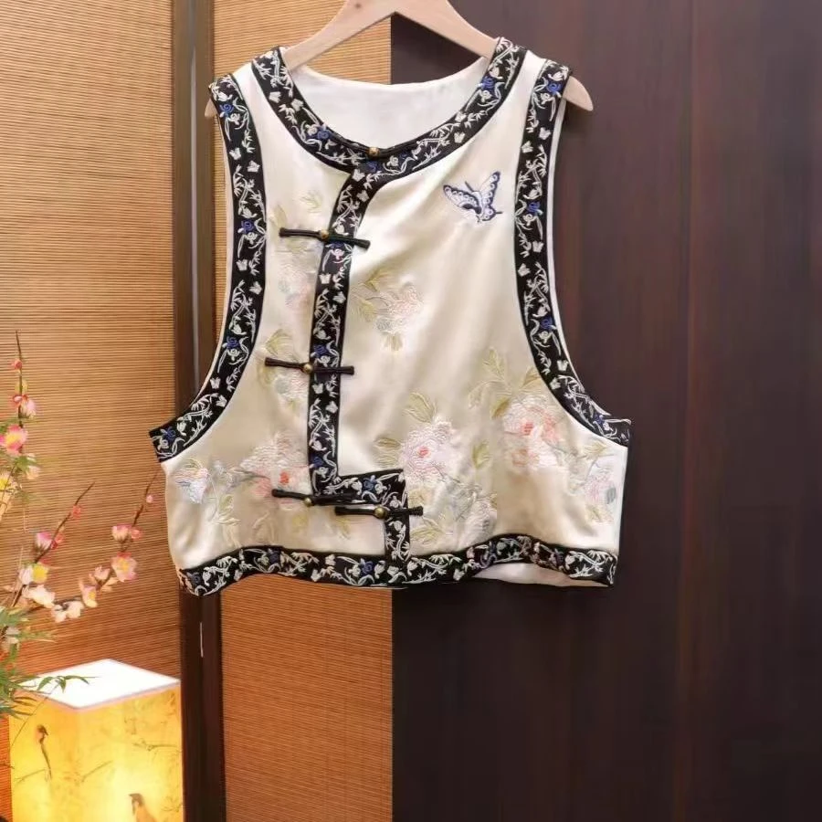 2025早春新款国潮民族风汉服上衣坎肩蝴蝶牡丹刺绣桑蚕丝马甲女