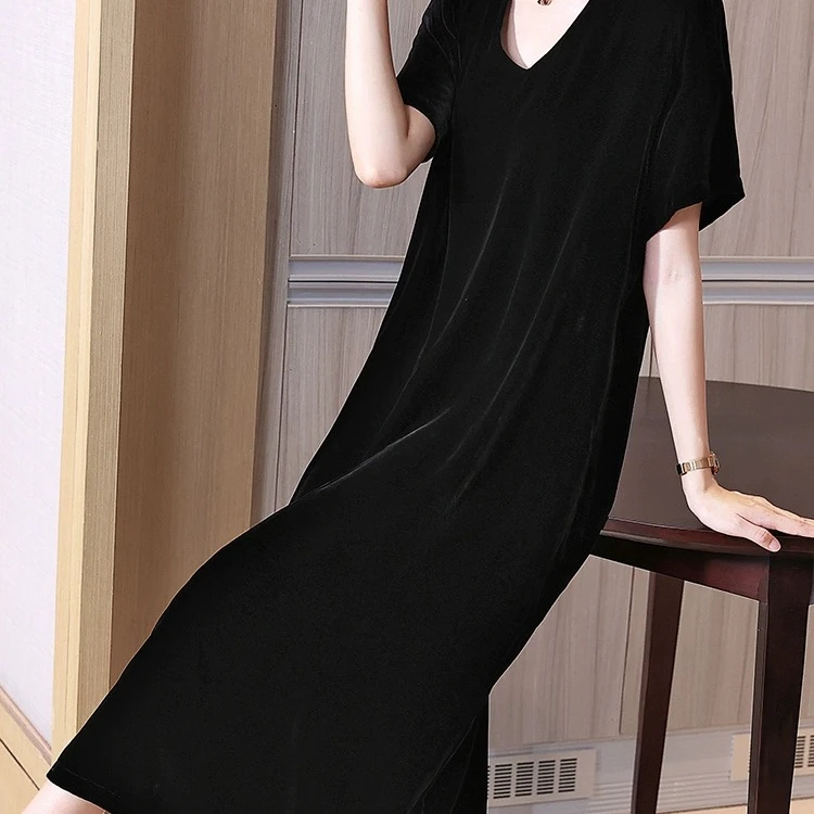 2025春夏季冰凉桑蚕丝真丝绒宽松休闲时尚奢华感红色丝绒裙子