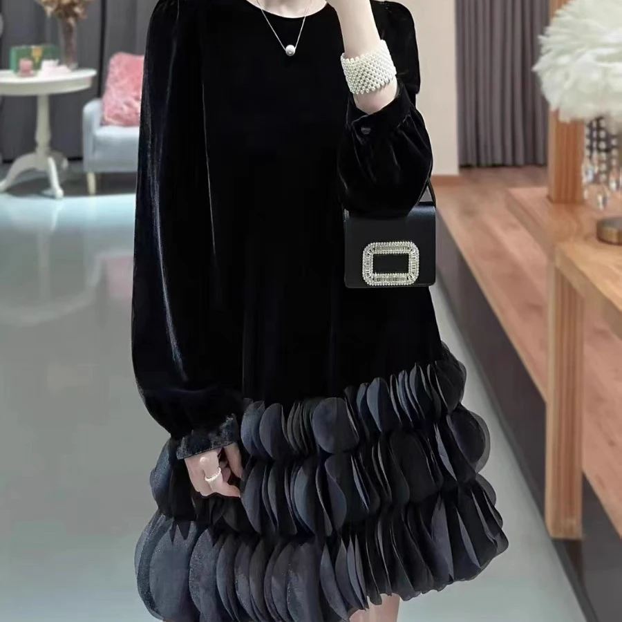 法式长袖短袖春夏真丝绒连衣裙泡泡鳞片时髦奢华气质款