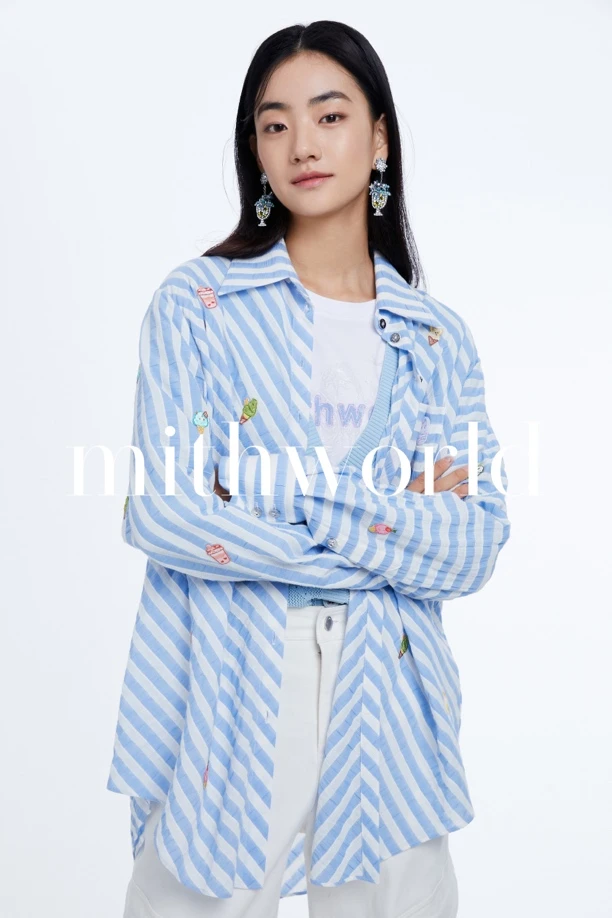 mithworld云雾蓝条纹刺绣衬衫