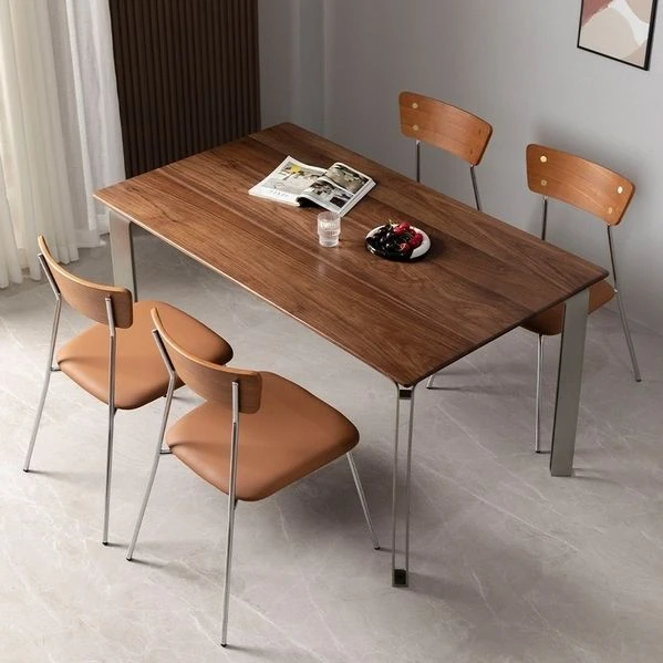 北欧胡桃木餐桌家用小户型简约书桌不锈钢长方形现代轻奢实木桌椅