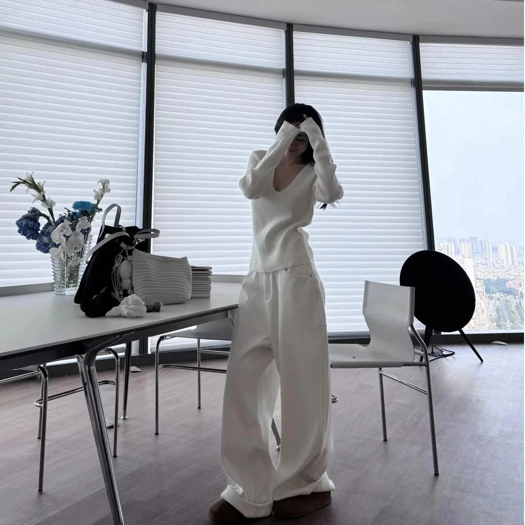 2024秋冬季新款卷边坑条U领纯色打底针织衫休闲百搭显瘦长袖上衣