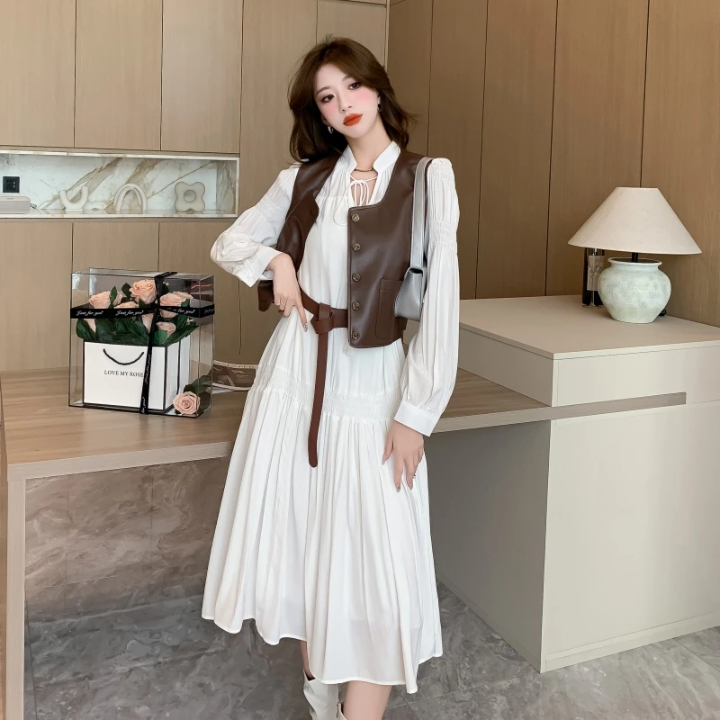 气质白色收腰两件套秋高级感复古修身V领系带马甲连衣裙早秋套装
