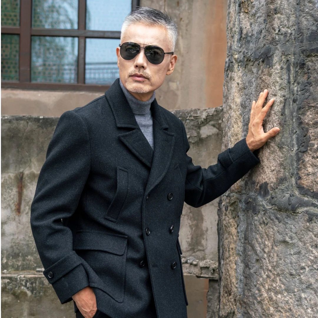 BerMolrol(贝曼伦)西装领绵羊毛海军大衣长袖时尚百搭毛呢外套