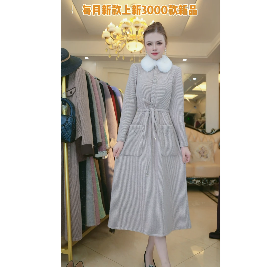 冬季新款毛领中长款2024收腰系带显瘦长袖连衣裙A字裙