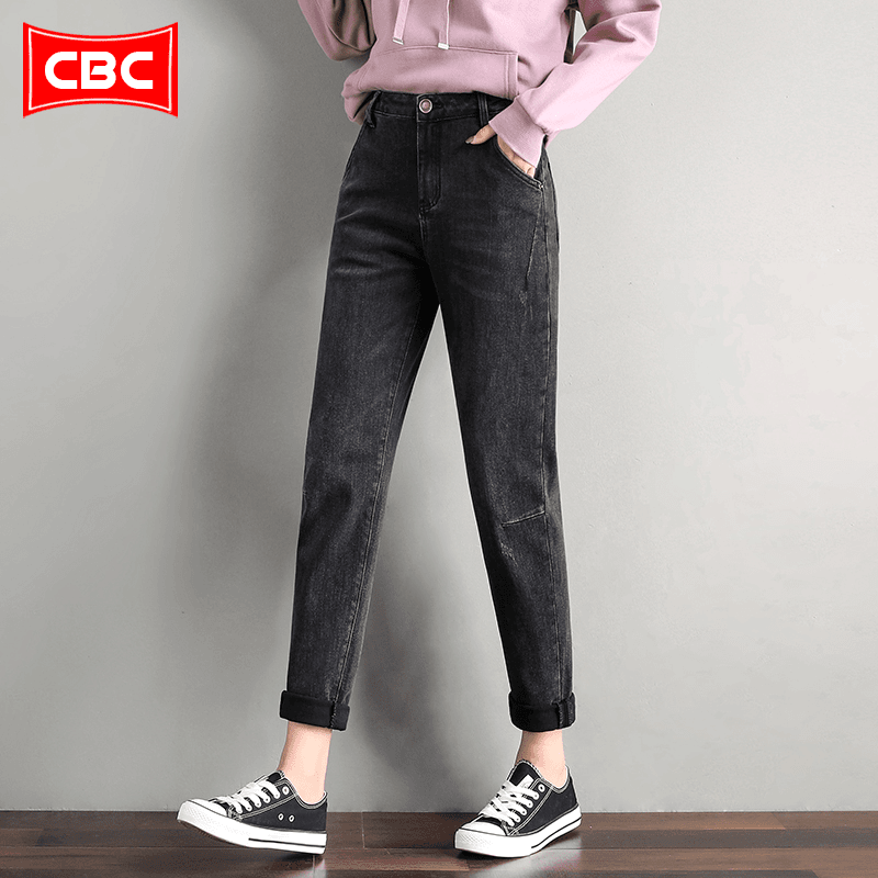 CBC黑灰色哈伦牛仔裤女2023年秋冬新款高腰宽松显瘦弹力老爹裤子