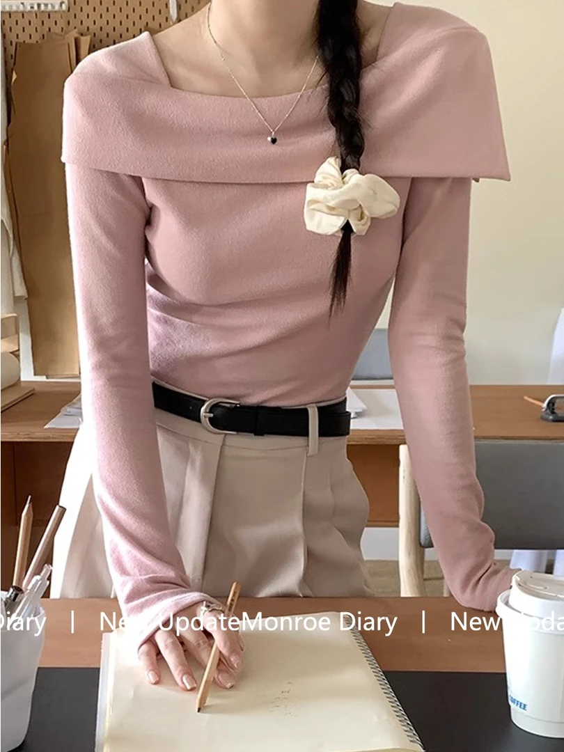 绝美一字肩打底衫女早秋长袖露肩打底衫洋气斜肩德绒内搭修身上衣