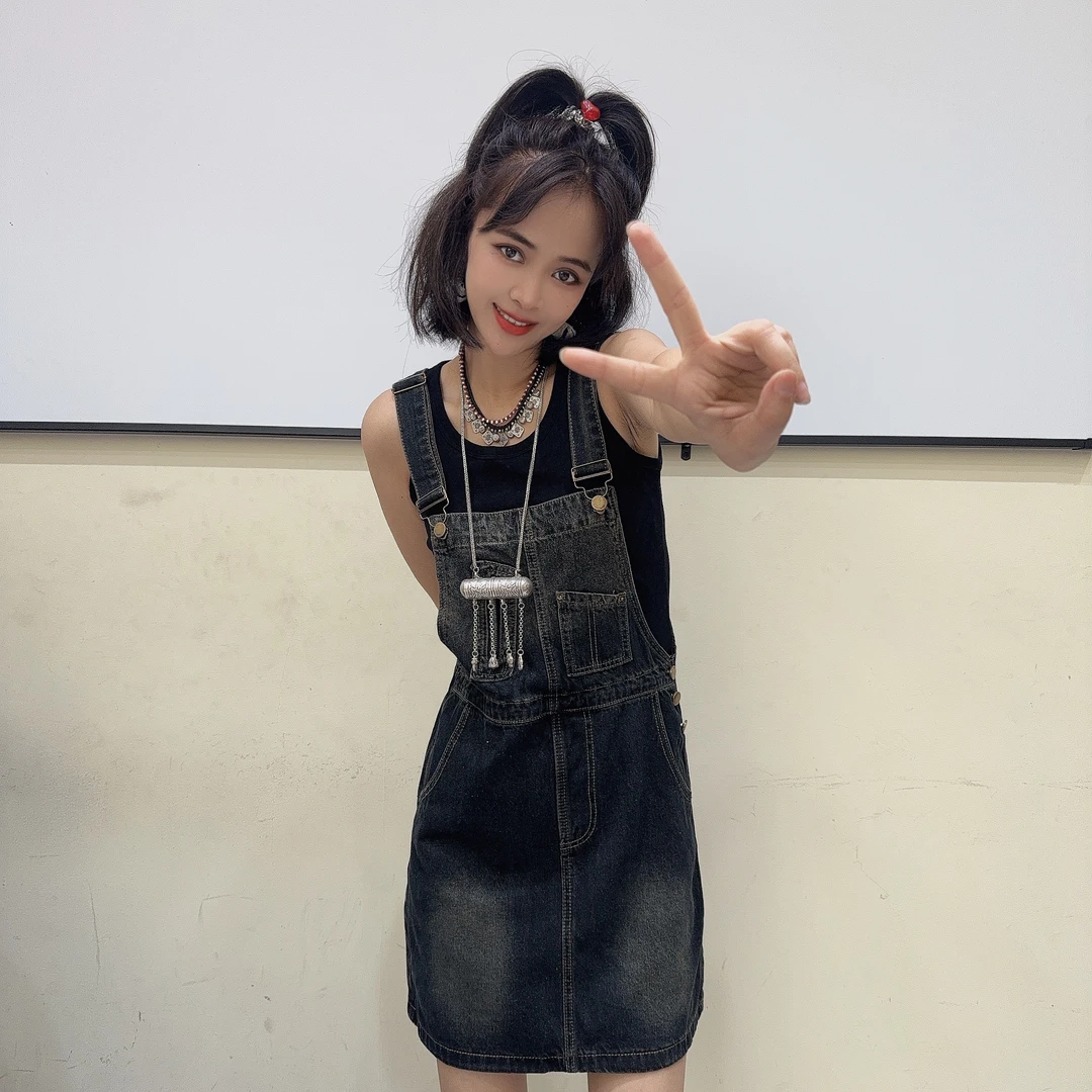 韩式新款渐变拼色复古牛仔显瘦背带短裙6692