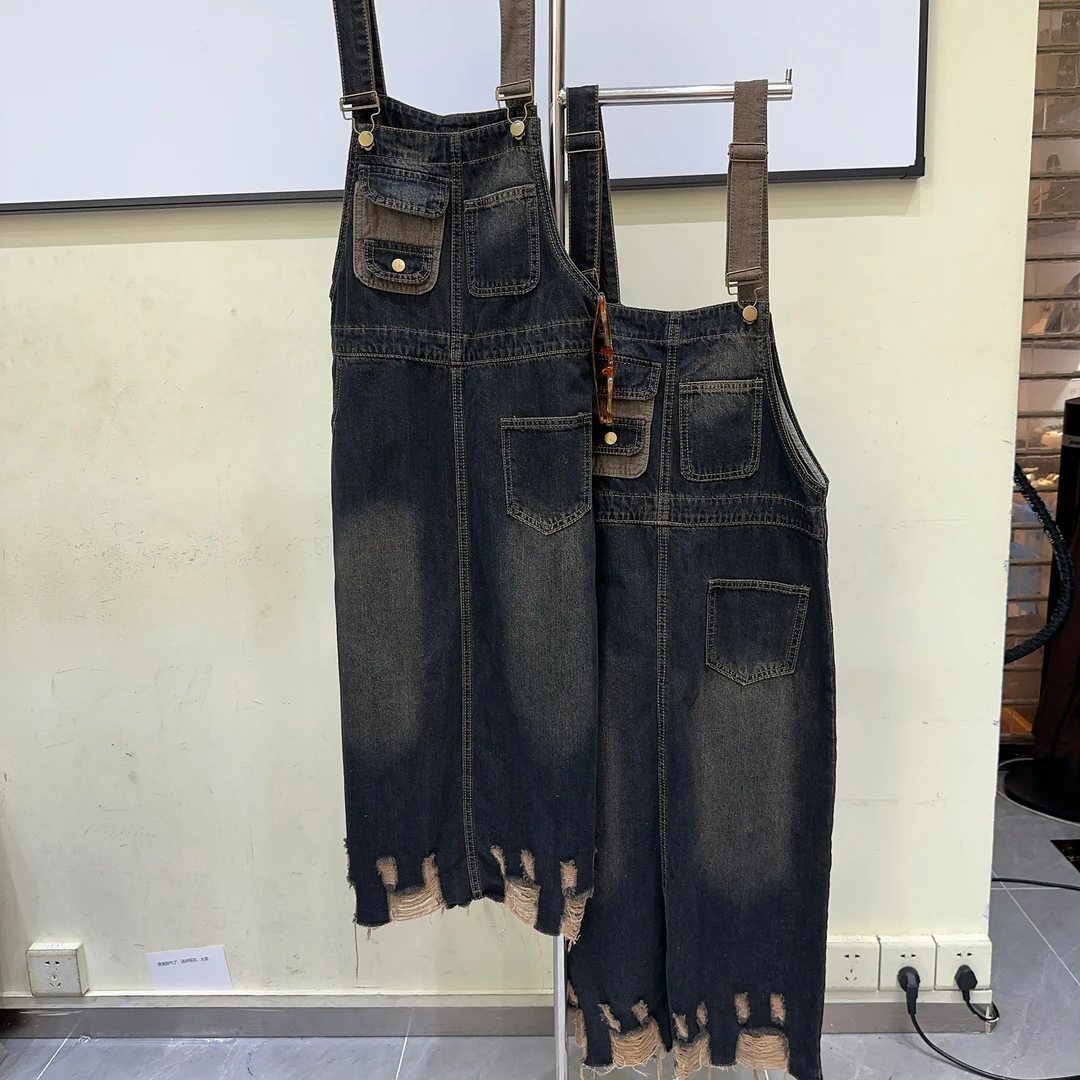 【减龄显瘦背带裙】下摆割烂设计显瘦拼接口袋小韩版背带裙6803