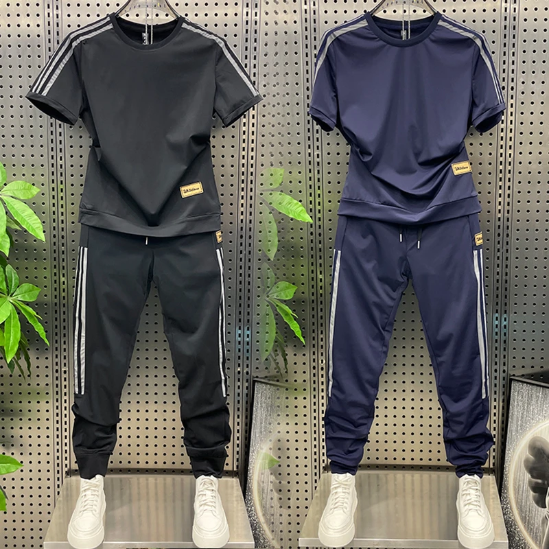 夏季新款男痞帅时尚套装洋气休闲两件套潮牌百搭透气速干短袖长裤
