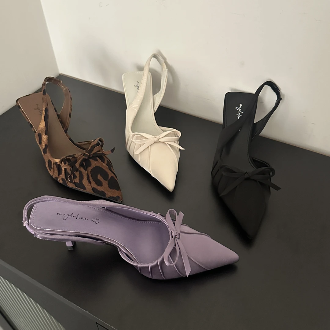 高跟鞋豹纹包头凉鞋仙女鞋子2025春季新款气质尖头蝴蝶结单鞋细跟