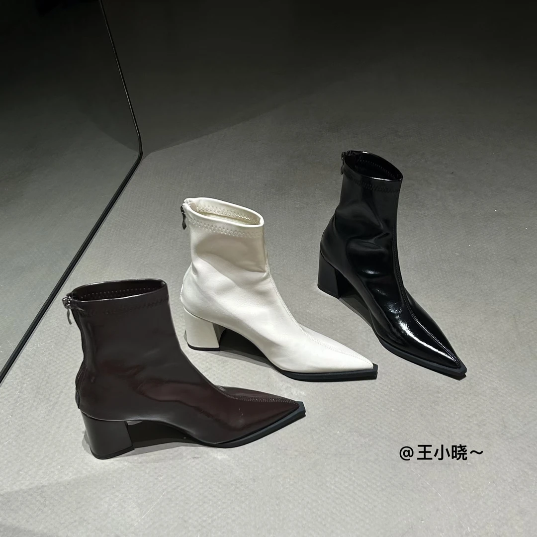 欧美尖头粗跟短靴女高跟鞋2025秋冬女靴子时装中跟马丁瘦瘦靴拉链