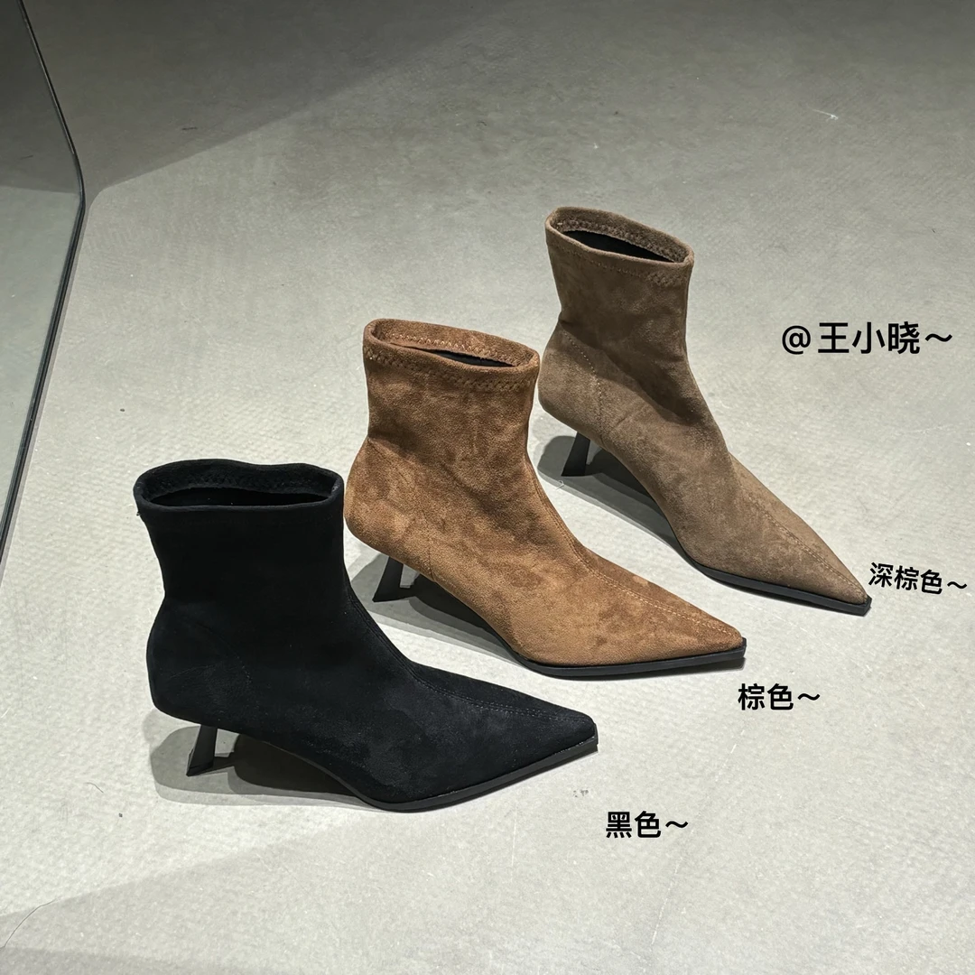 2024秋冬弹力瘦瘦靴单靴子尖头时装靴细高跟短靴女时尚百搭及踝靴