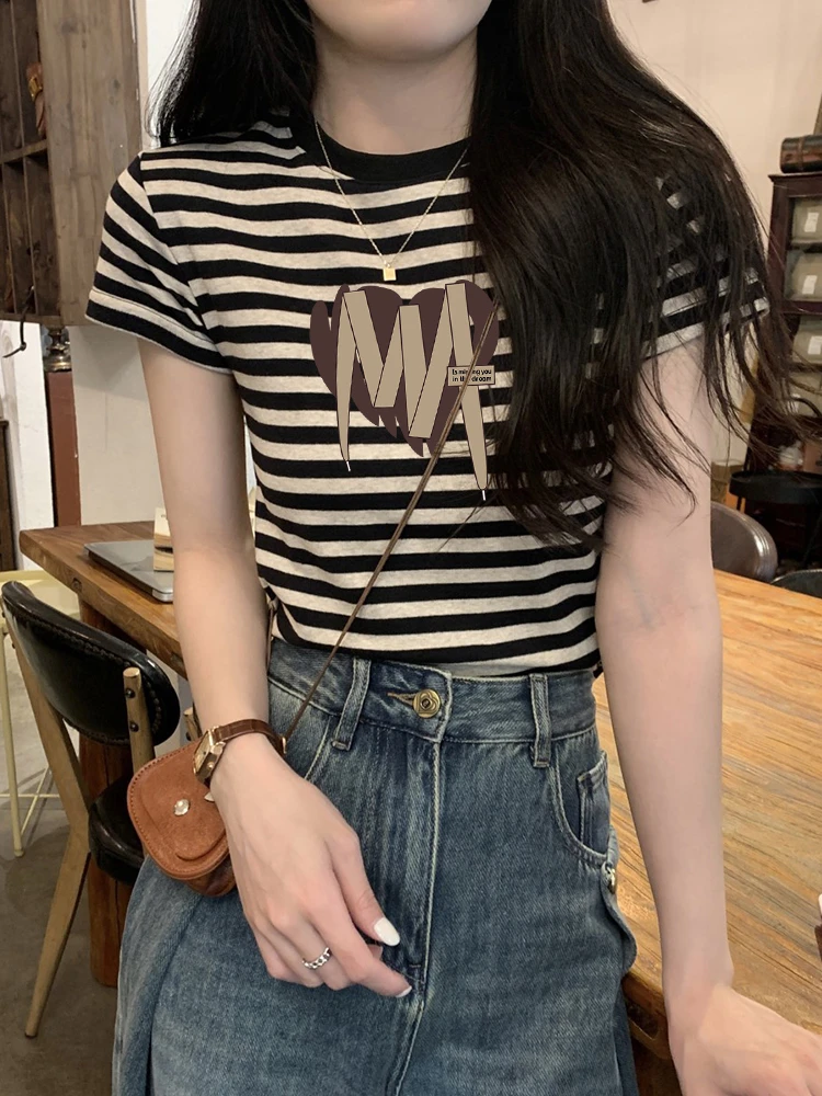 撞色条纹正肩短袖t恤女夏季2024新款设计感小众半袖体恤宽松上衣
