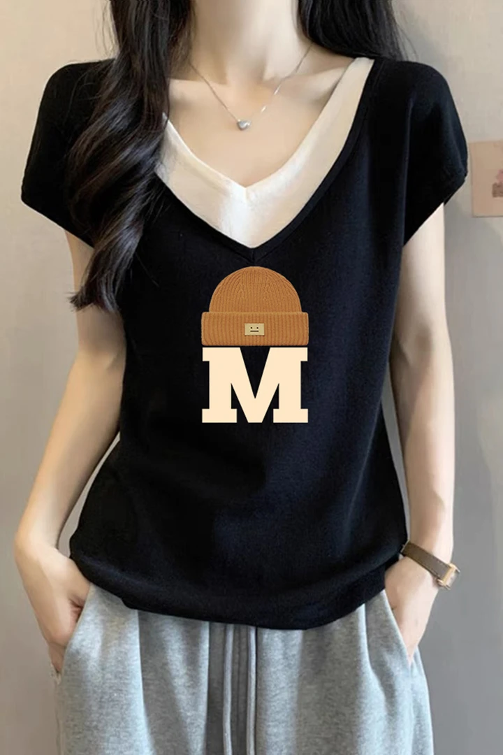 大码黑色假两件正肩短袖T恤女夏季胖mm遮肚显瘦v领宽松棉上衣