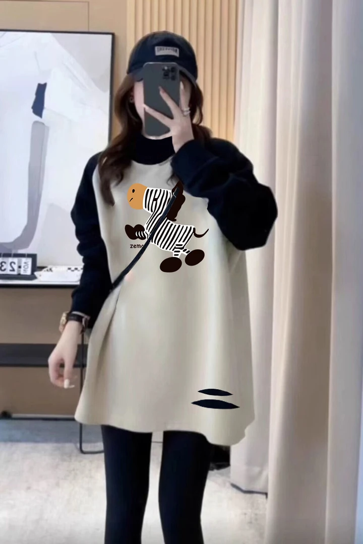 搭配鲨鱼裤的上衣春秋冬新款遮屁股长袖t恤女中长款包臀卫衣内搭