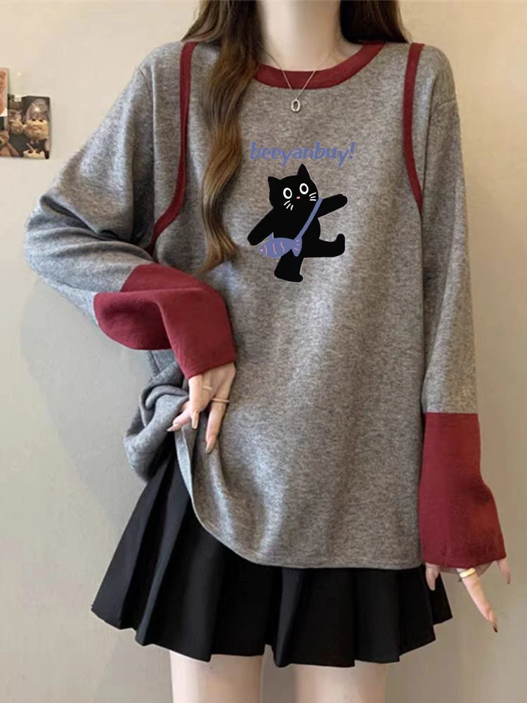 大码女装遮肚子拼色慵懒风正肩长袖打底衫春秋胖妹妹藏肉显瘦上衣