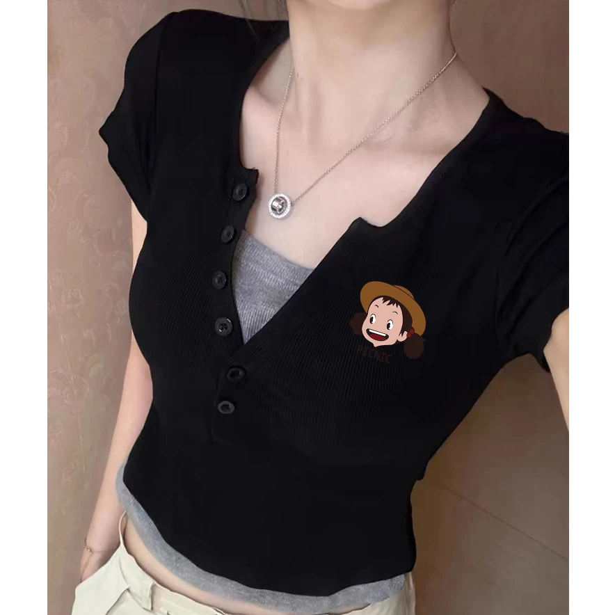 夏季设计感黑色v领假两件短袖t恤女小众修身正肩短款上衣2024新款