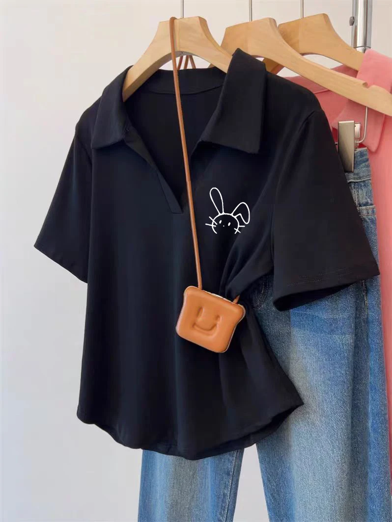 大码女秋装法式polo翻领小众独特别致短袖t恤胖妹妹显瘦遮肚上衣