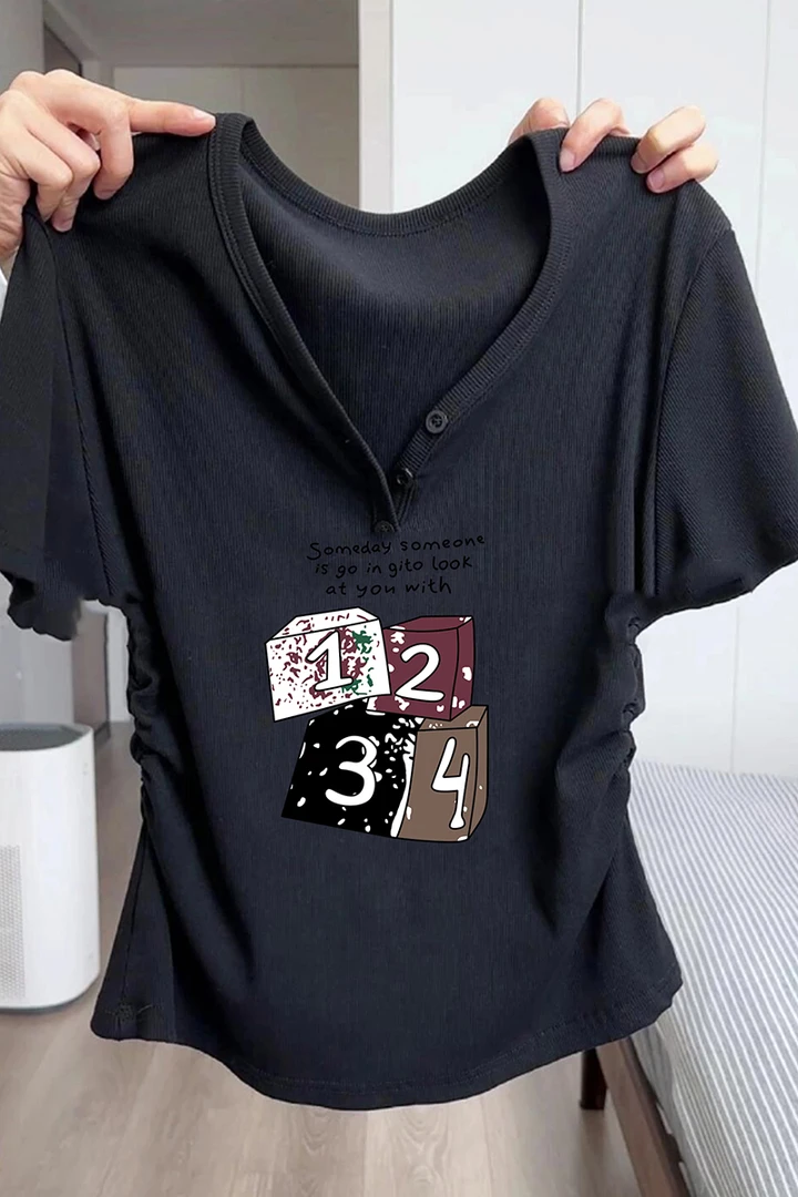 印花棉半袖修身减龄紧身显瘦上衣纯欲V领短袖t恤女2024新款夏季