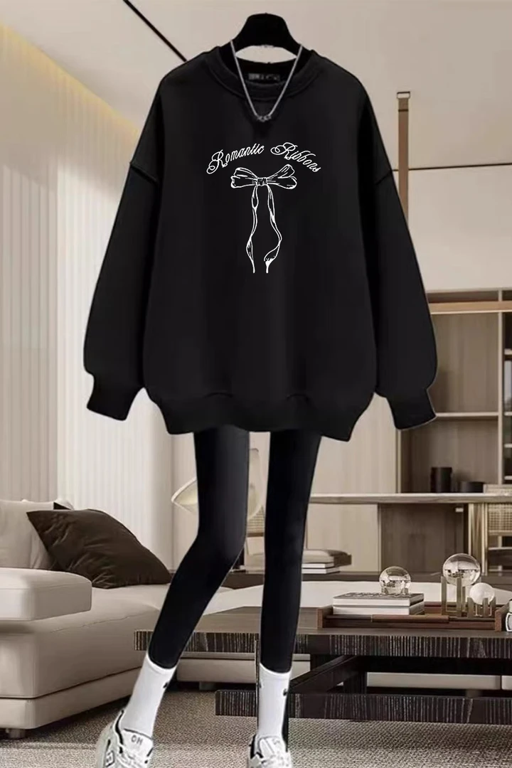 美式黑色圆领卫衣女春秋2024新款oversize宽松薄款无帽长袖上衣