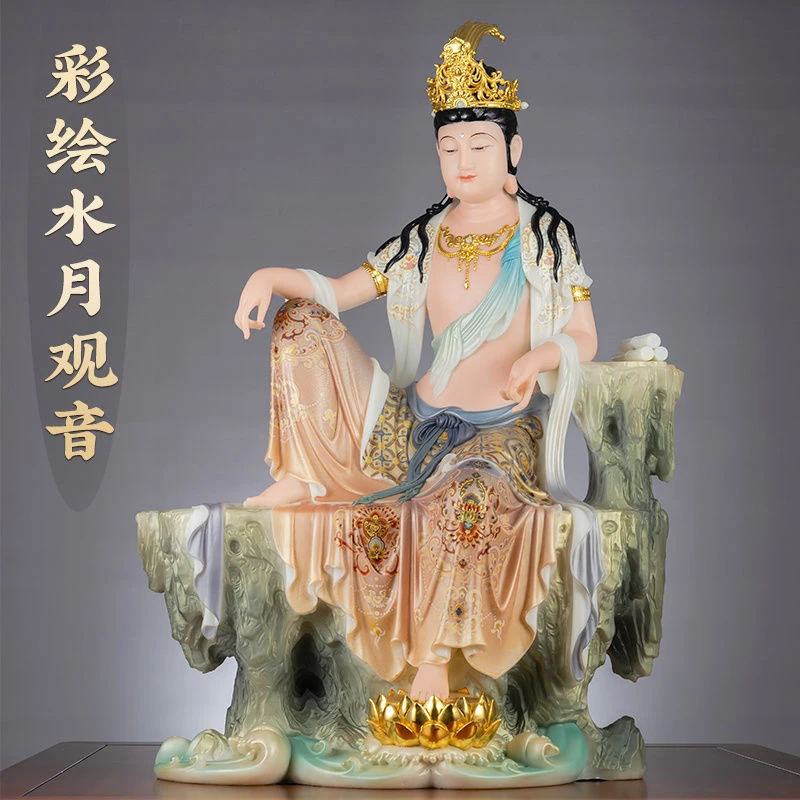 汉白玉彩绘新款水月观音神像客厅观世音菩萨家用佛堂佛像摆件