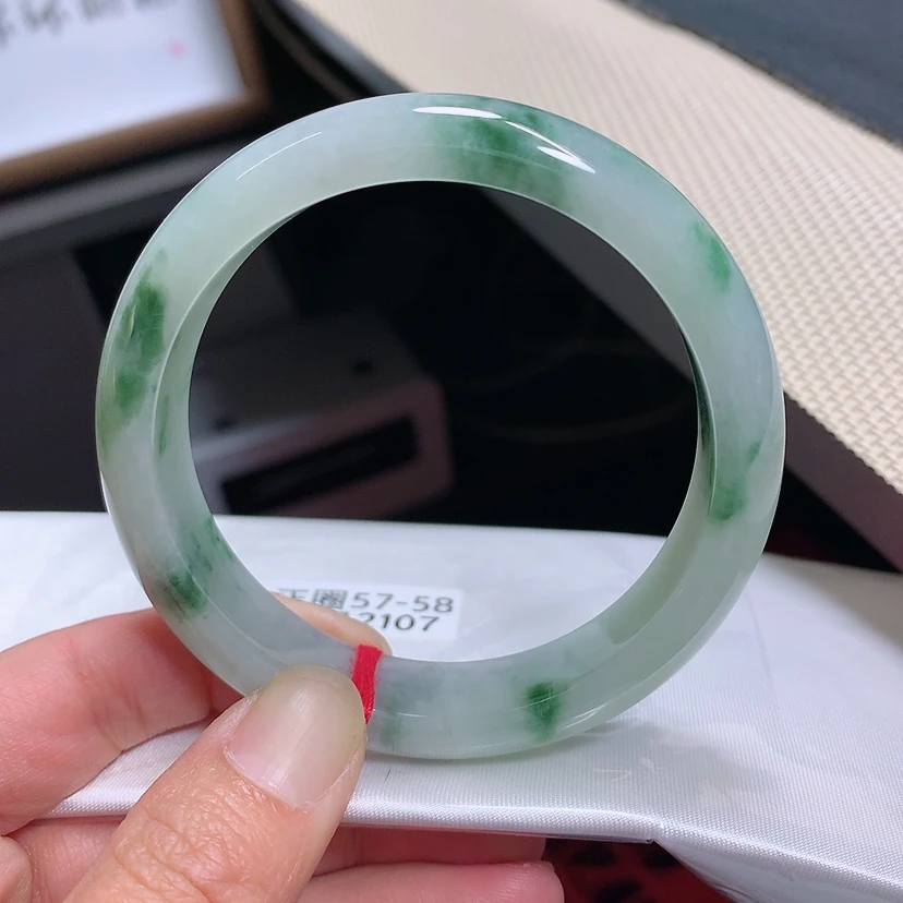 2107号 缅甸天然A货翡翠手镯57/58圈口飘花手镯
