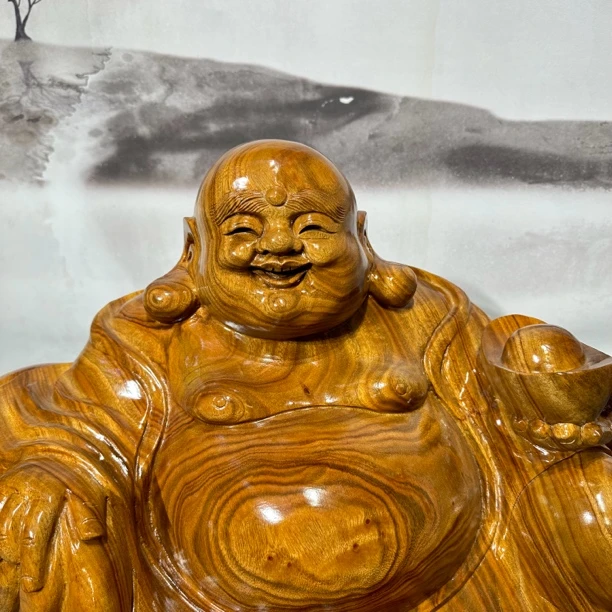 弥勒钱袋元宝整木实木一体雕刻摆件