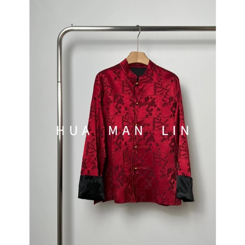 【花滿林】“红色玫瑰”新款国风冠乐绉真丝桑蚕丝流苏扣卷袖外套7990