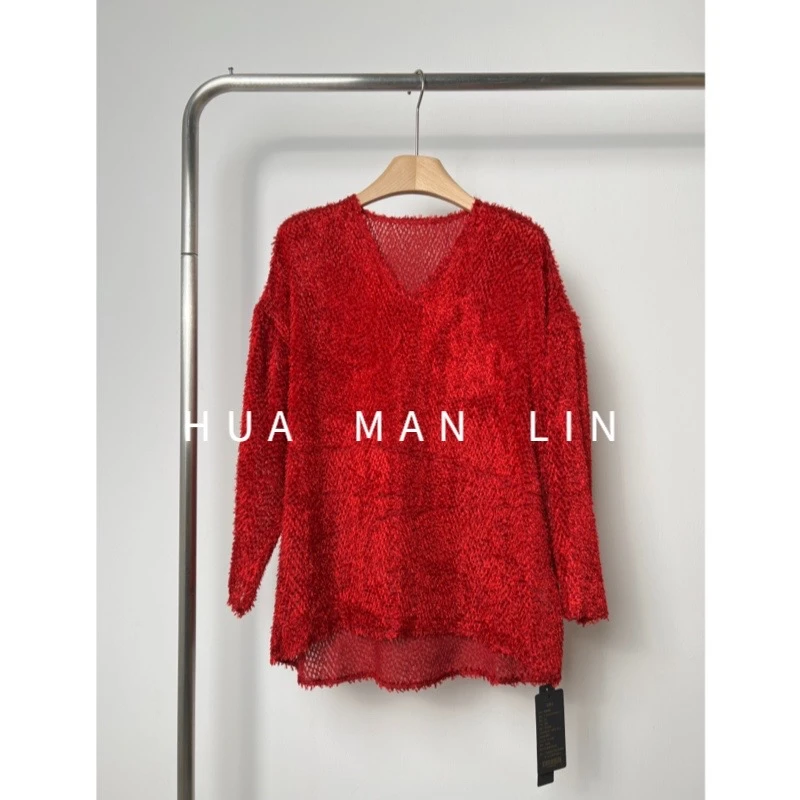 【花滿林】‘毛里毛气’V领真丝桑蚕丝乔其底正红色前短后长上衣7331