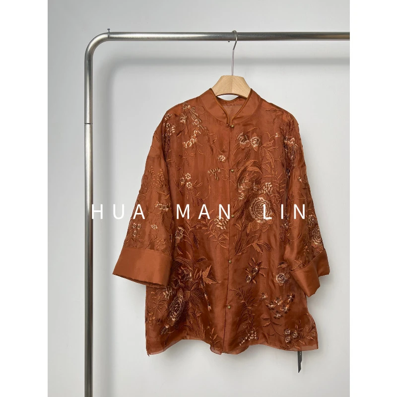 花滿林小立领重工刺绣红云纱里外欧根纱桑蚕丝上衣8508