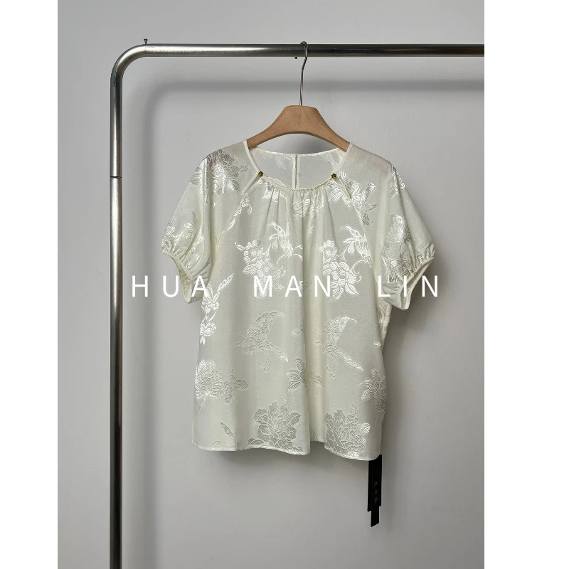 花滿林‘若梦’圆领蝴蝶真丝桑蚕丝短袖上衣8692