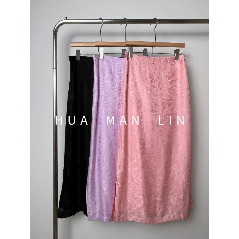 【花滿林】‘蝶恋花’后松紧侧开叉粉色花罗真丝桑蚕丝裙子8769
