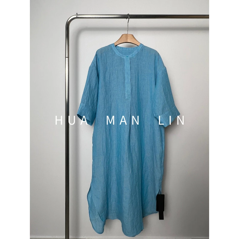 花滿林圆领定染蓝色普洗+酵洗工艺汉麻阔版连衣裙8620