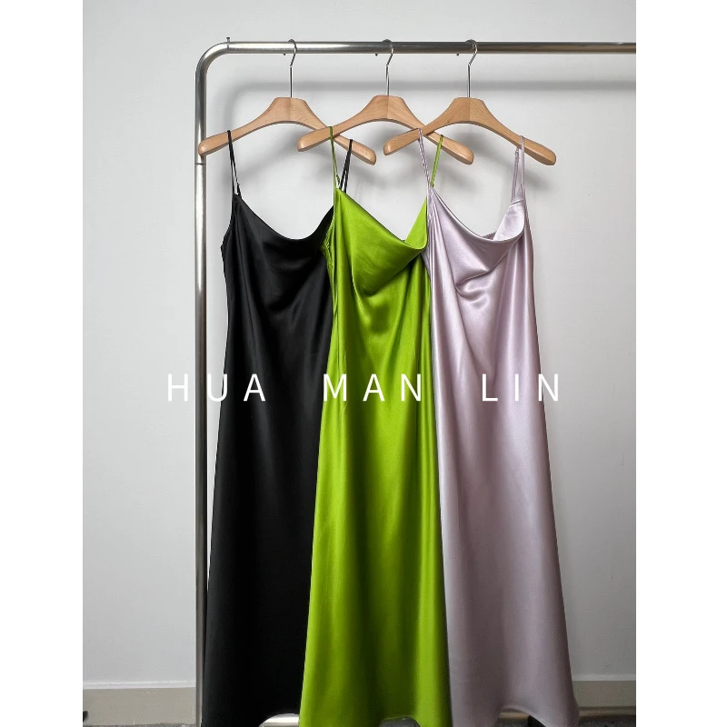 【花滿林】三色40MM重磅缎面真丝桑蚕丝立体斜裁吊带裙22459